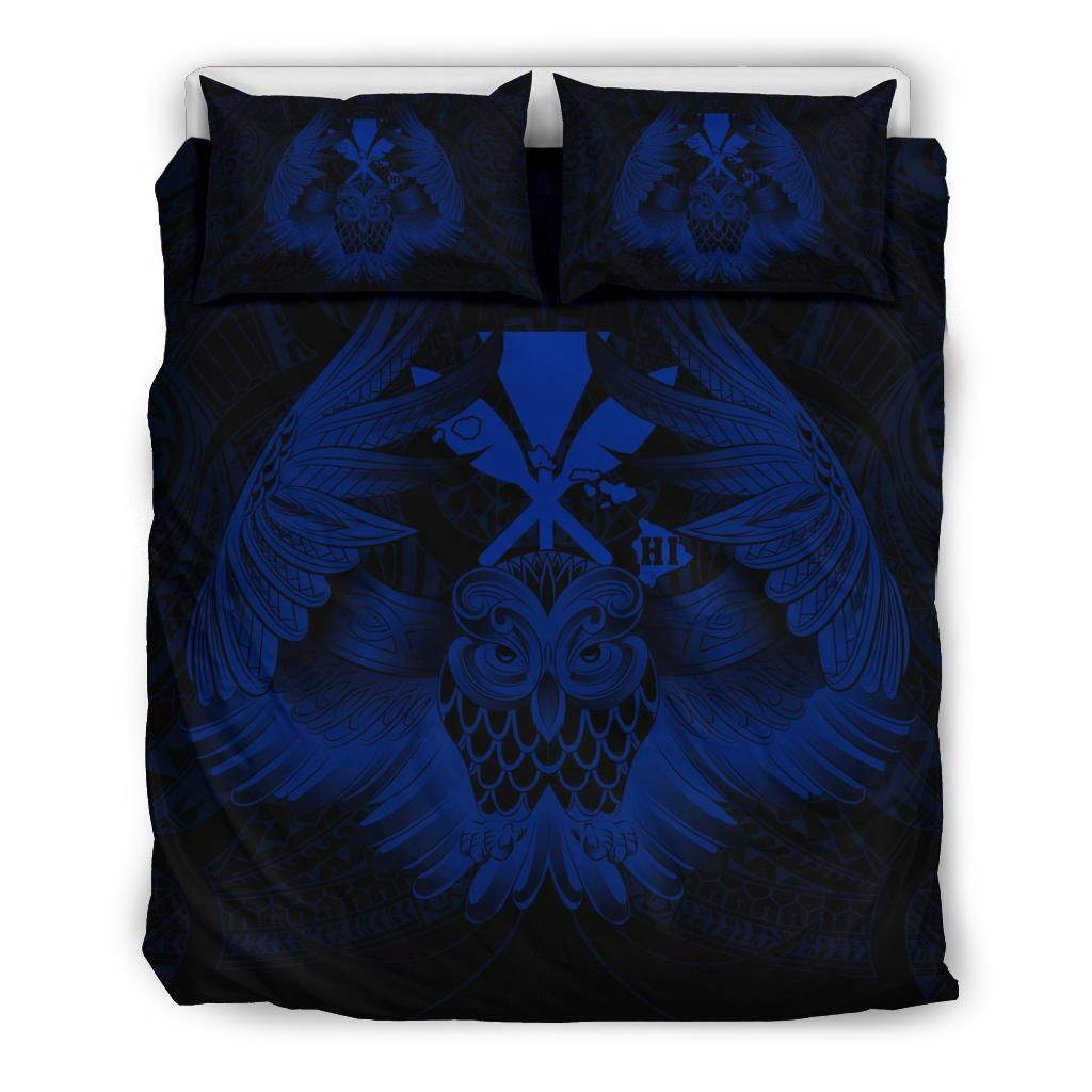 Hawaiian Map Owl Kanaka Pueo Aumakua Blue Bedding Set