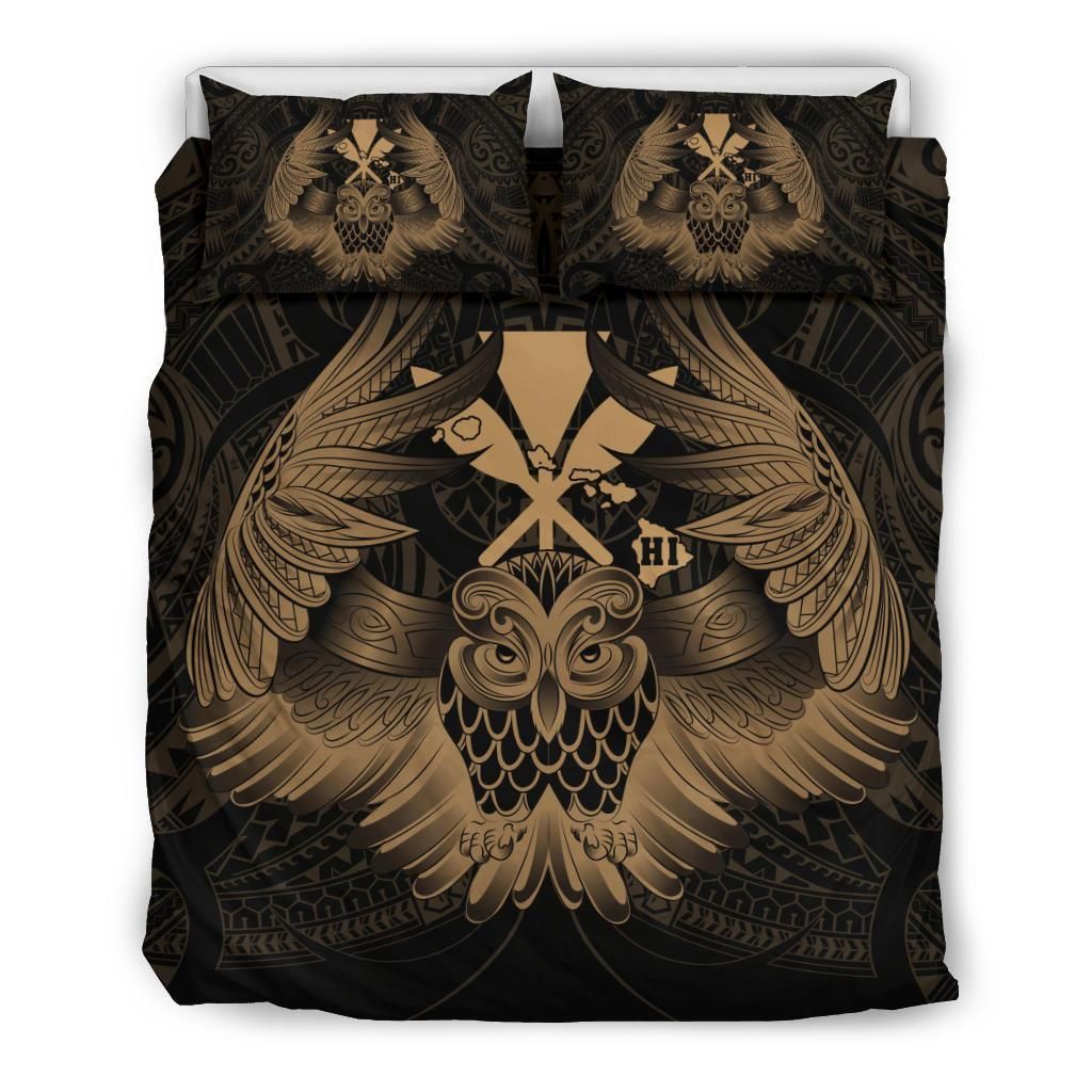 Hawaiian Map Owl Kanaka Pueo Aumakua Gold Bedding Set