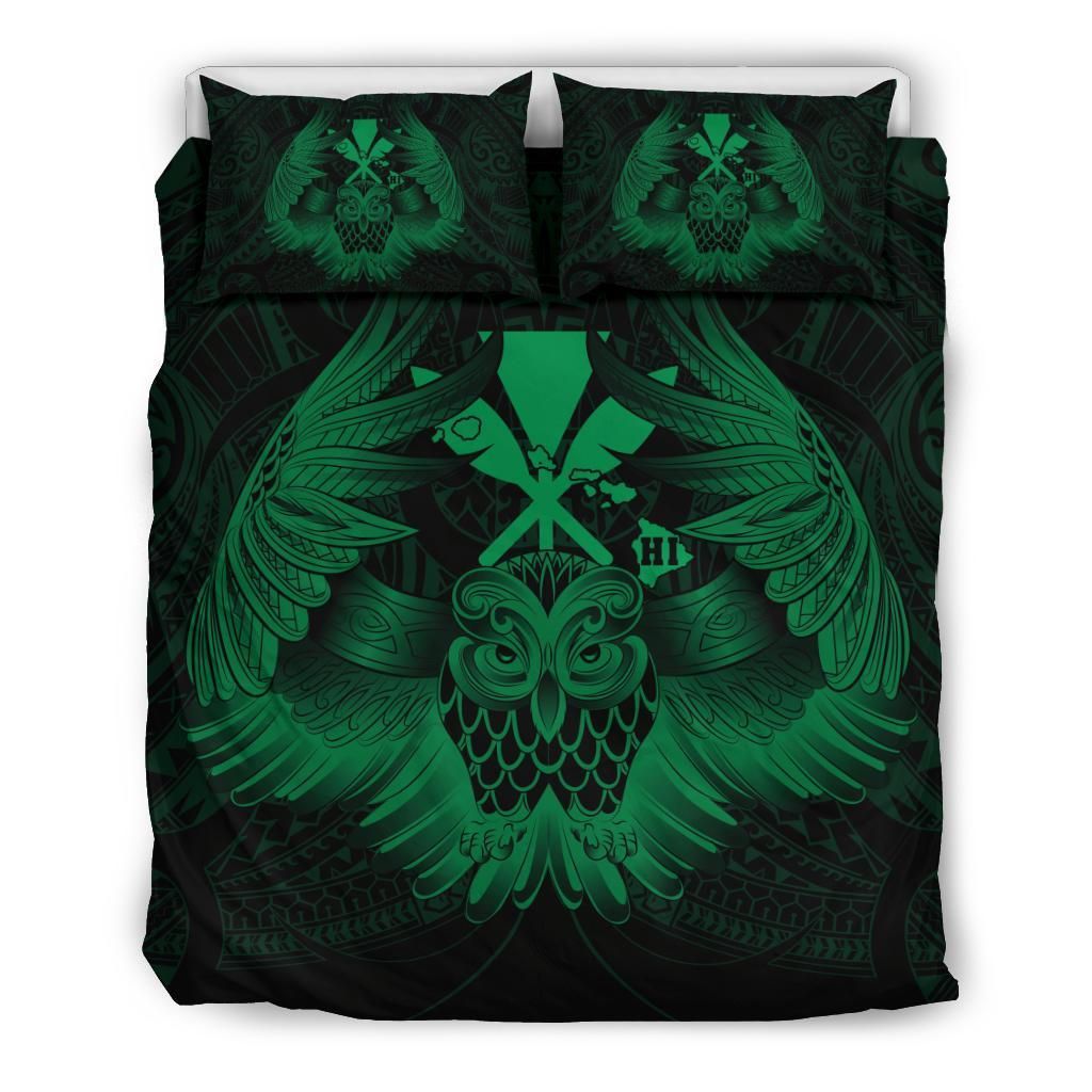Hawaiian Map Owl Kanaka Pueo Aumakua Green Bedding Set