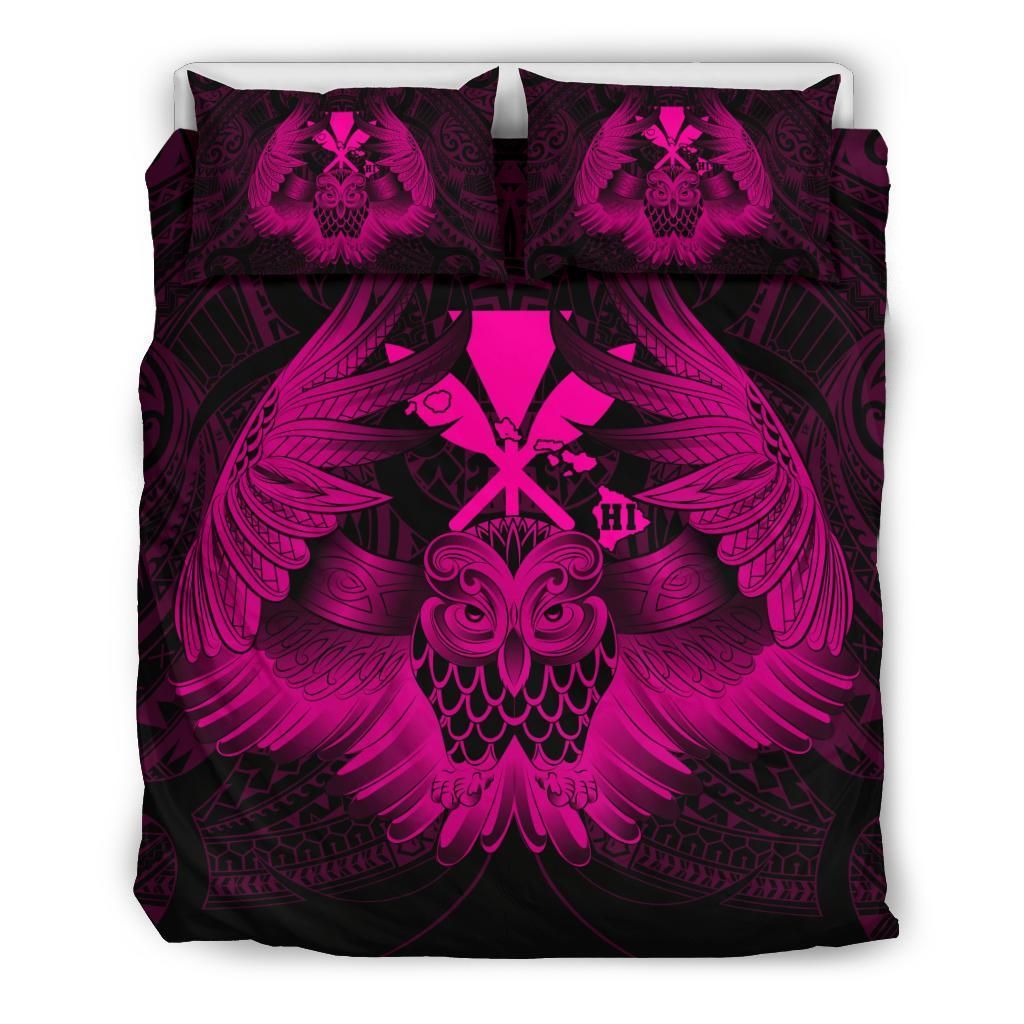 Hawaiian Map Owl Kanaka Pueo Aumakua Pink Bedding Set