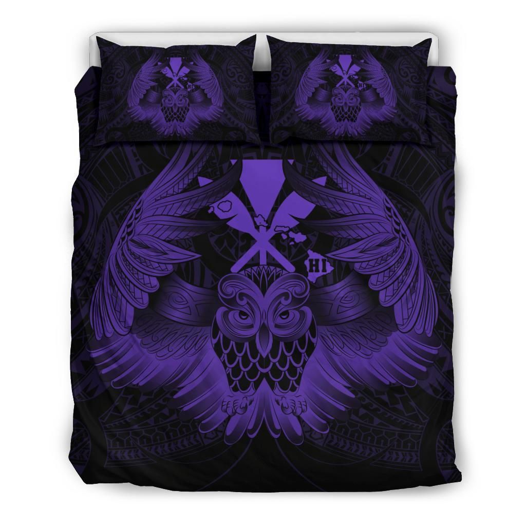Hawaiian Map Owl Kanaka Pueo Aumakua Purple Bedding Set