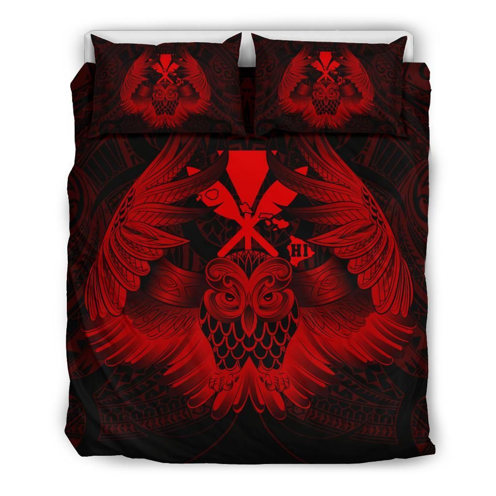 Hawaiian Map Owl Kanaka Pueo Aumakua Red Bedding Set
