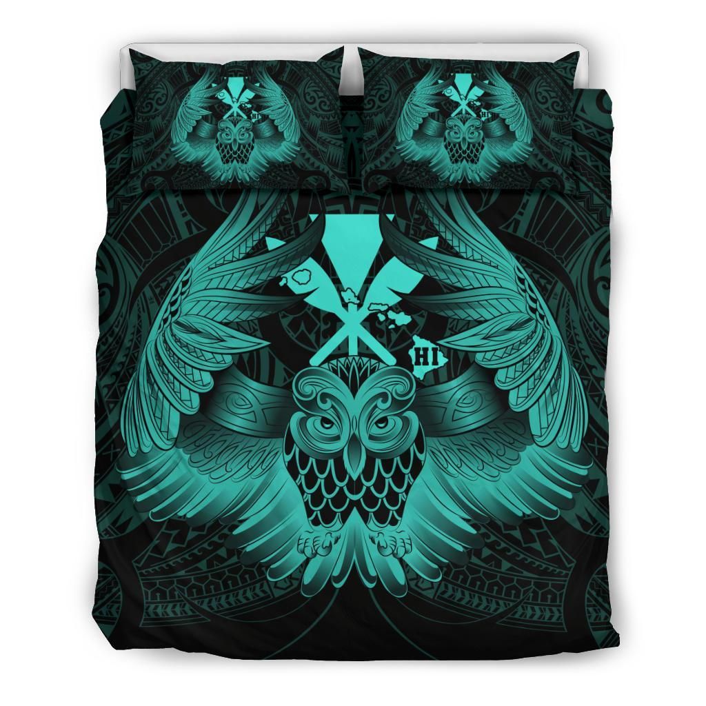 Hawaiian Map Owl Kanaka Pueo Aumakua Turquoise Bedding Set