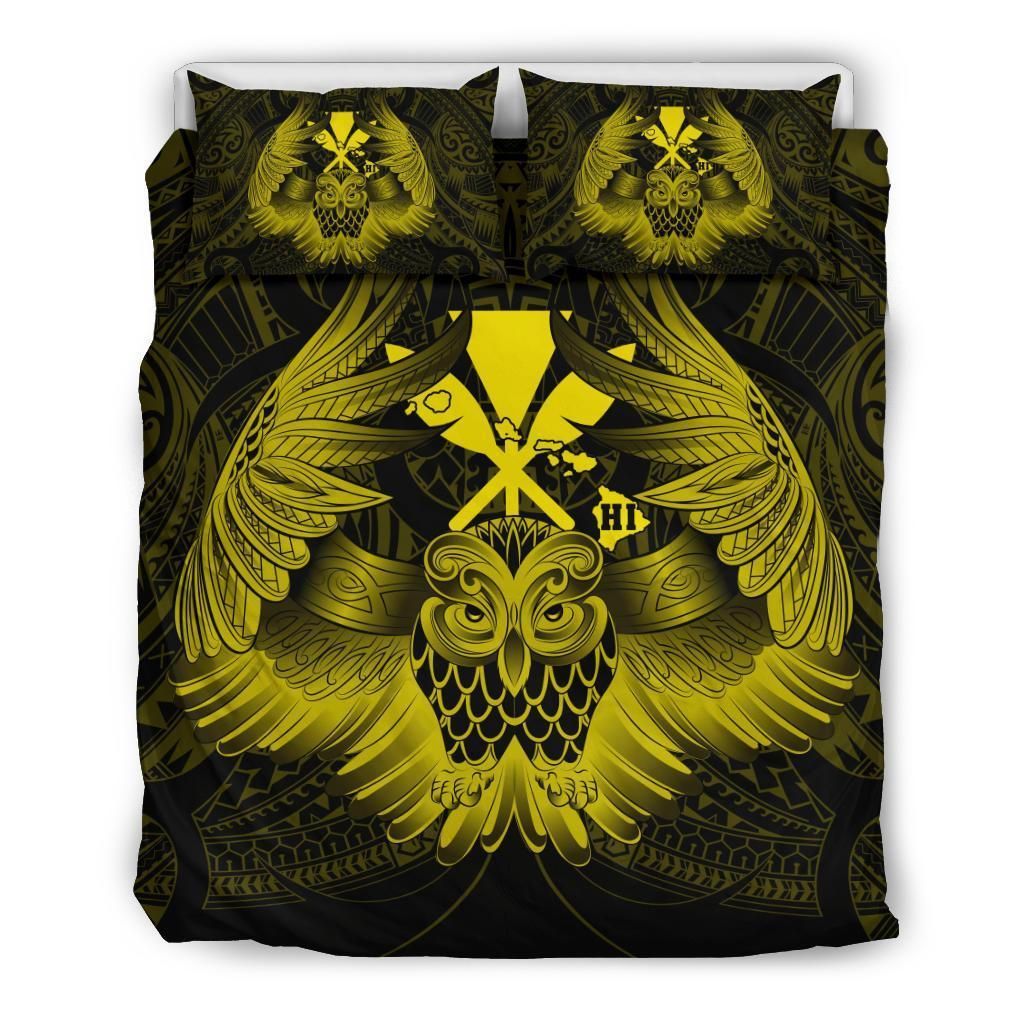 Hawaiian Map Owl Kanaka Pueo Aumakua Yellow Bedding Set