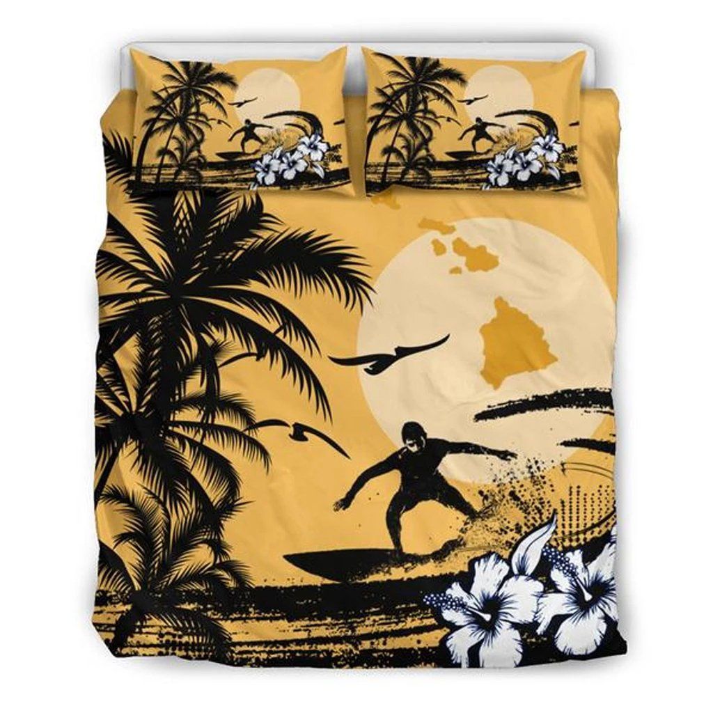 Hawaiian Map Palm Tree Sunset Polynesian Surfing Bedding Set