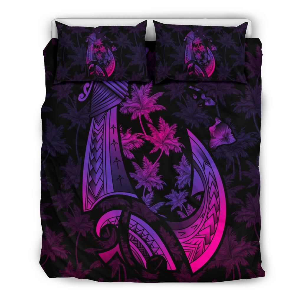 Hawaiian Map Palm Trees Fish Hook Polynesian Colorful Purple Bedding Set