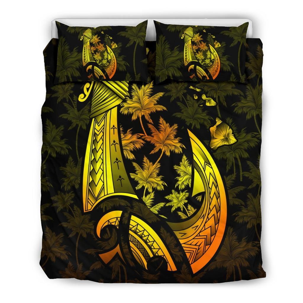 Hawaiian Map Palm Trees Fish Hook Polynesian Colorful Yellow Bedding Set