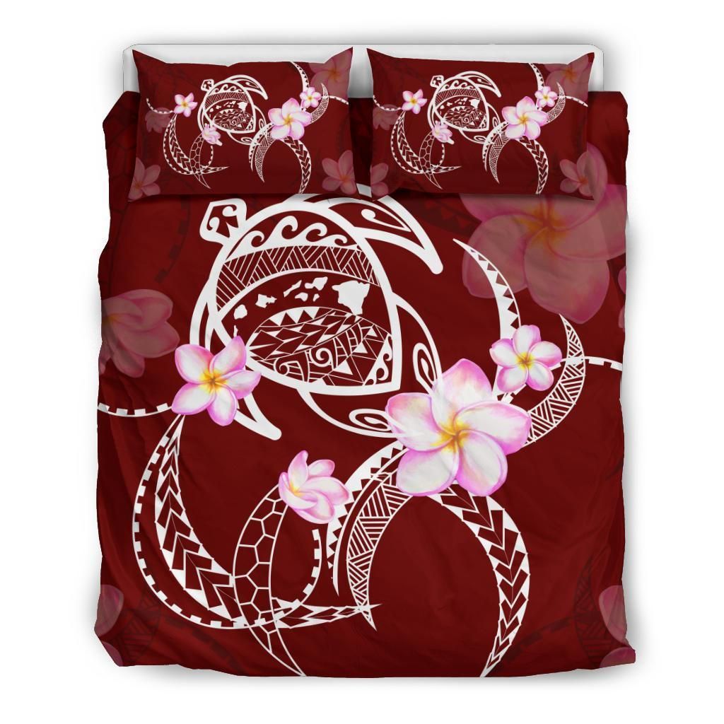 Hawaiian Map Plumeria Turtle Swim Polynesian Red Bedding Set