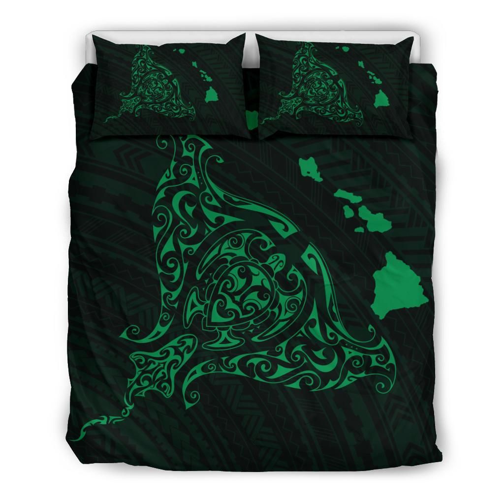Hawaiian Map Rays Turle Polynesian Green Bedding Set