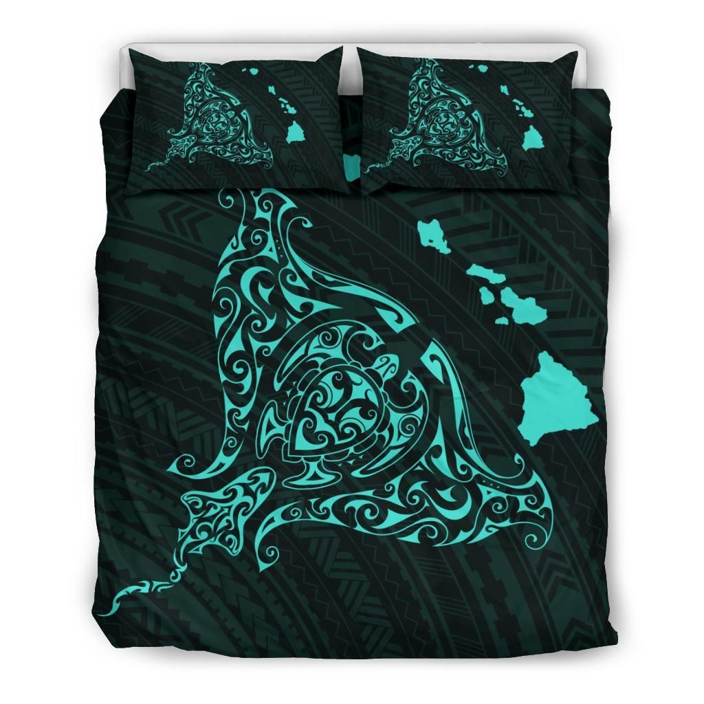 Hawaiian Map Rays Turle Polynesian Green Vintage Bedding Set