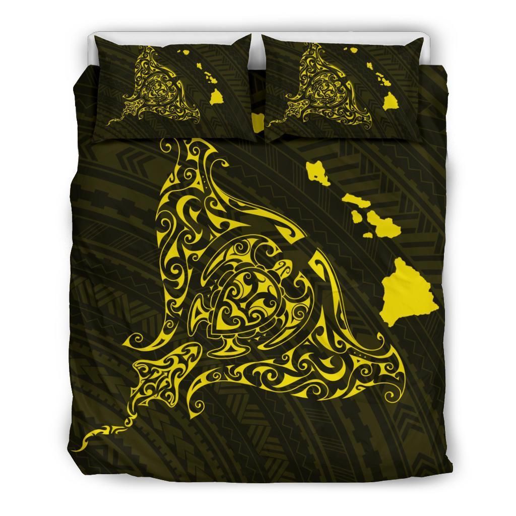 Hawaiian Map Rays Turtle Polynesian Yellow Bedding Set