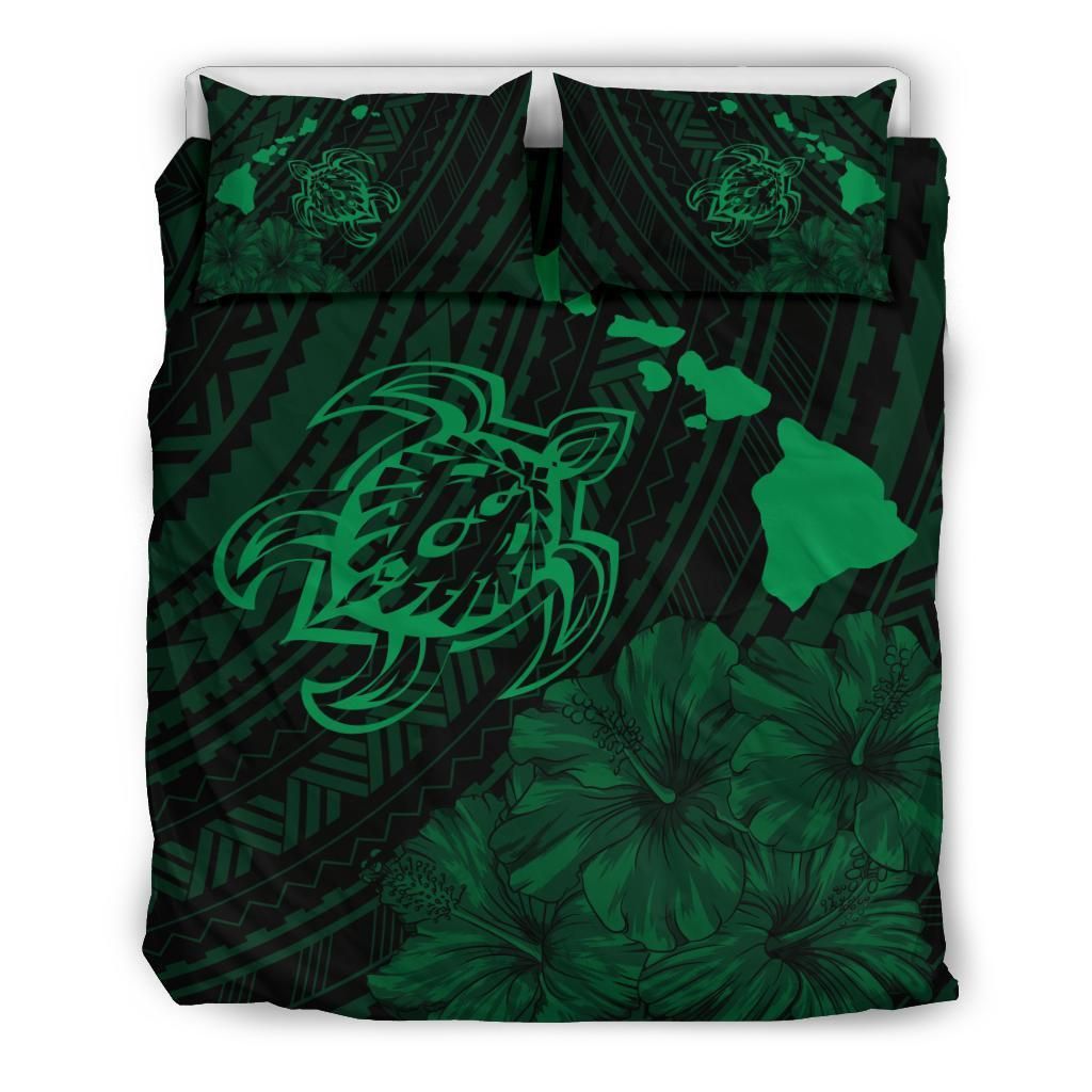 Hawaiian Map Sea Turtle Is Swimming Toward Polynesian Green Bedding Set