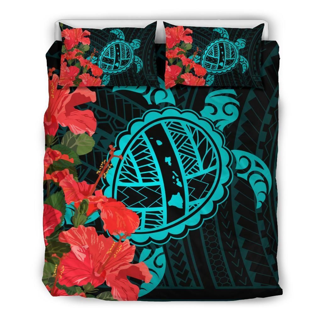 Hawaiian Map Sea Turtle Waves Hibiscus Polynesian Bedding Set