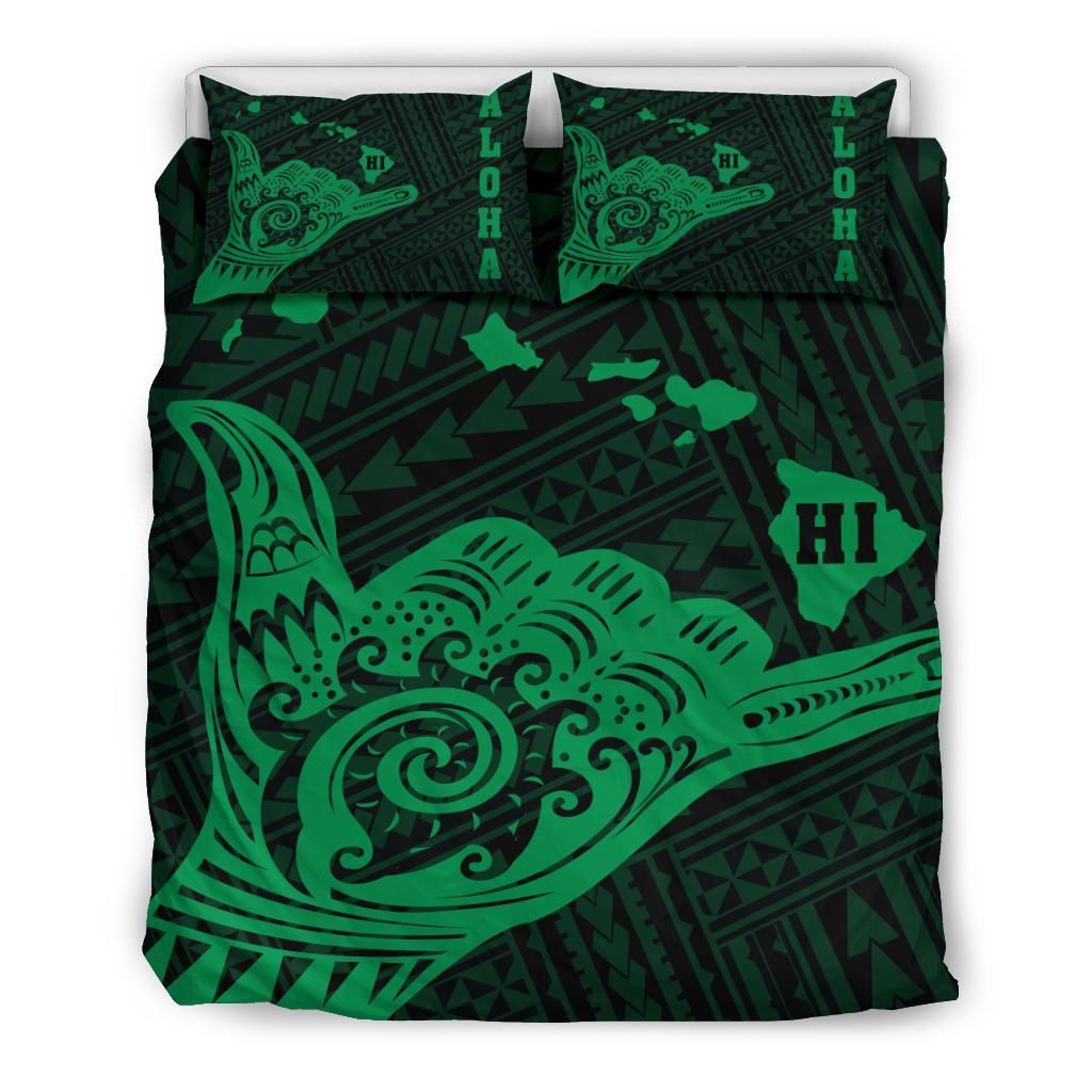 Hawaiian Map Shaka Green Polynesian Bedding Set