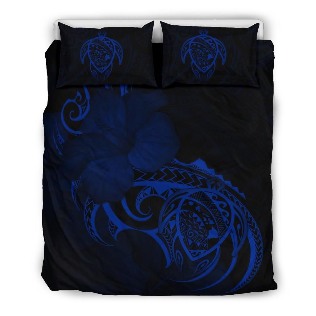 Hawaiian Map Turtle Hibiscus Divise Blue Polynesian Bedding Set