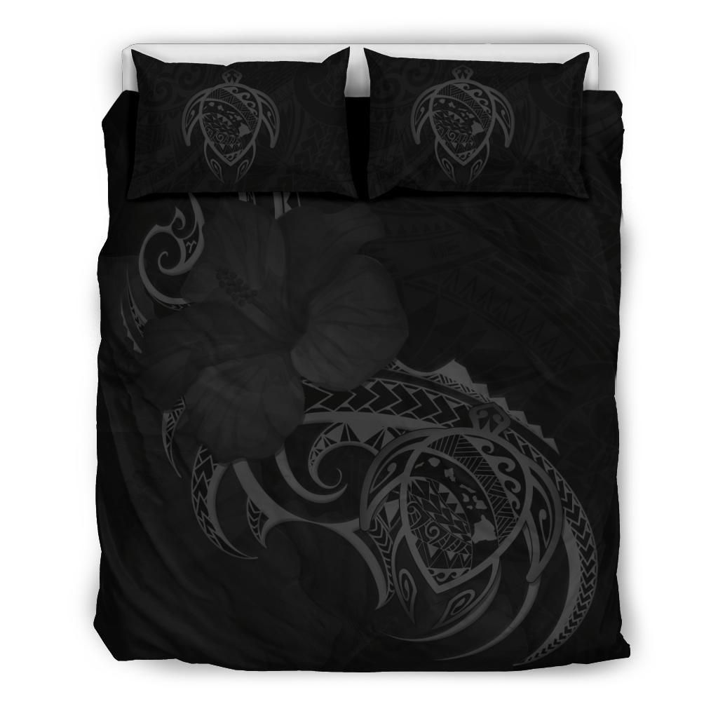 Hawaiian Map Turtle Hibiscus Divise Gray Polynesian Bedding Set