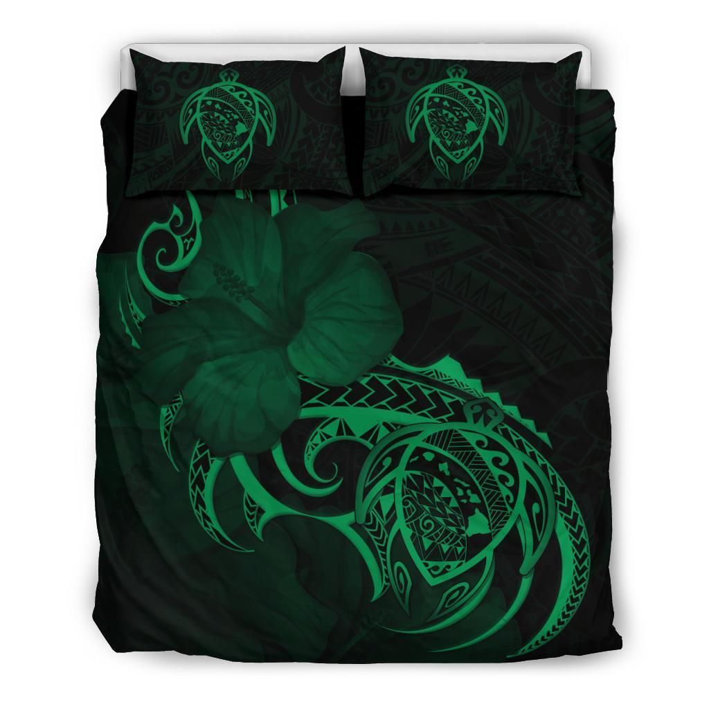 Hawaiian Map Turtle Hibiscus Divise Green Polynesian Bedding Set