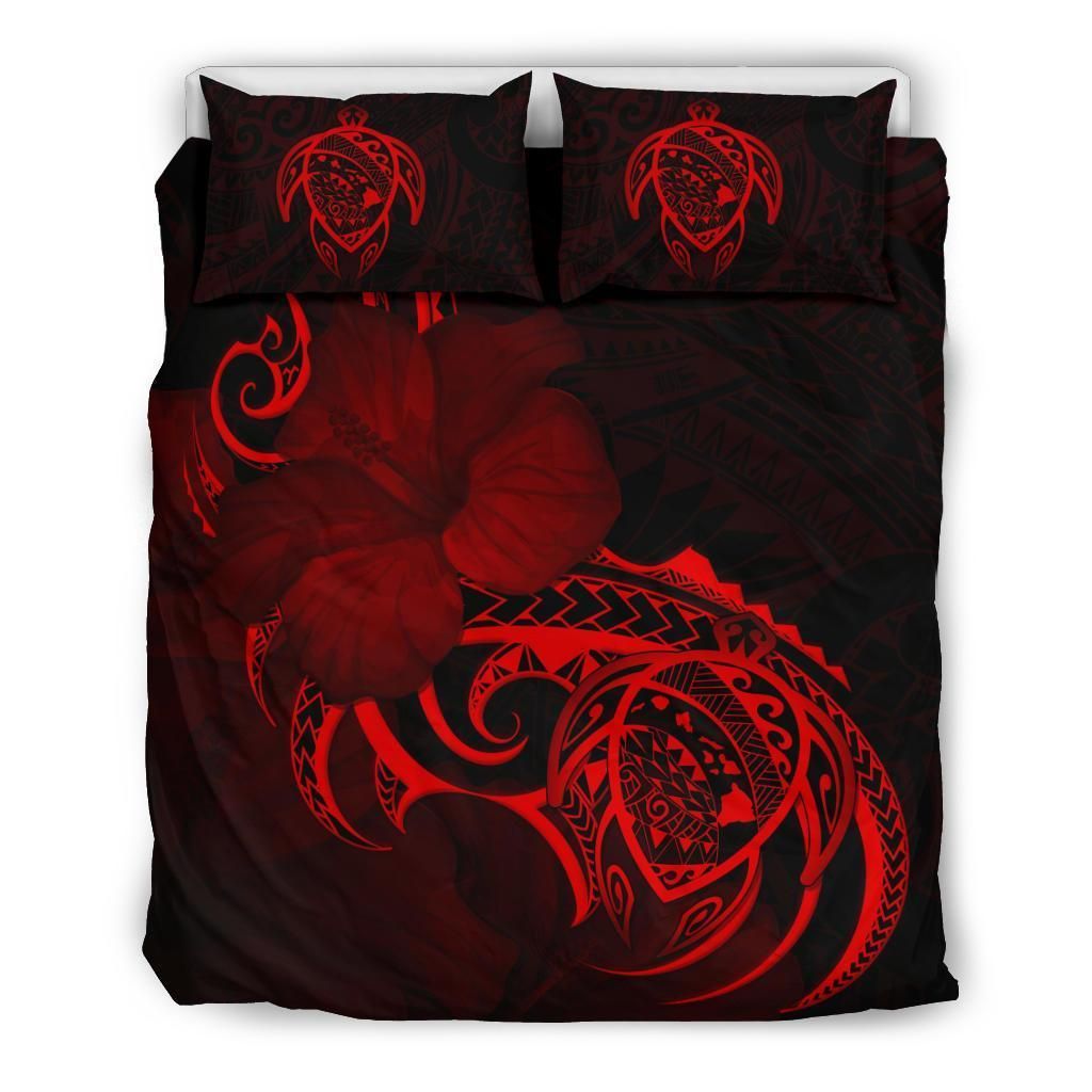 Hawaiian Map Turtle Hibiscus Divise Red Polynesian Bedding Set
