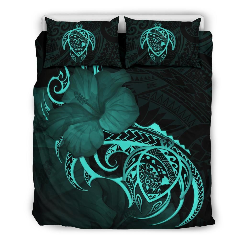 Hawaiian Map Turtle Hibiscus Divise Turquoise Bedding Set