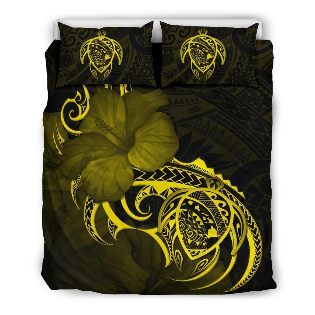 Hawaiian Map Turtle Hibiscus Divise Yellow Polynesian Bedding Set