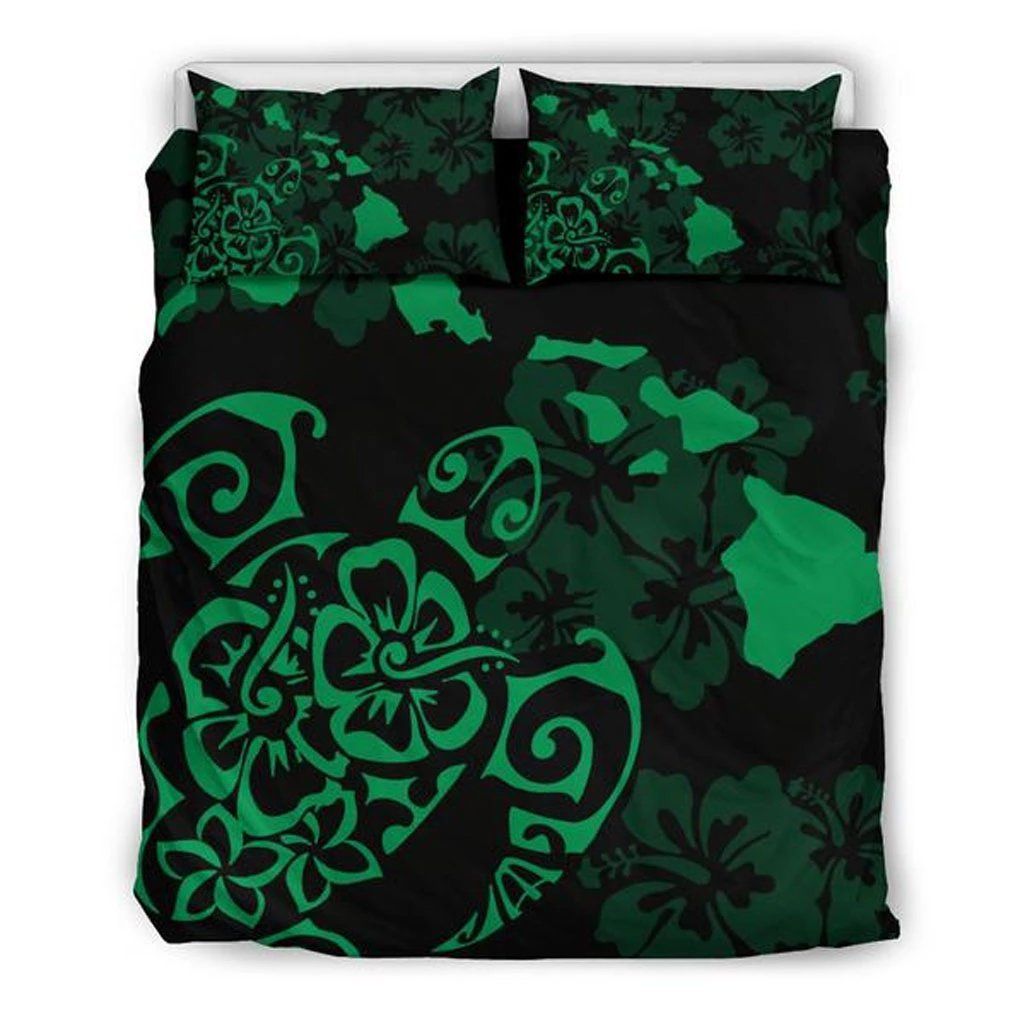 Hawaiian Map Turtle Hibiscus Green Bedding Set