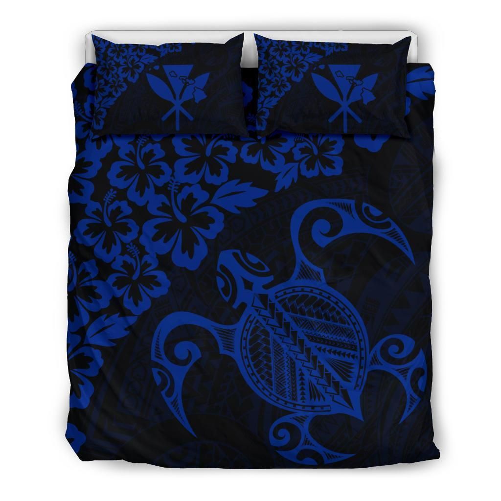 Hawaiian Map Turtle Hibiscus Kanaka Polynesian Black Bedding Set