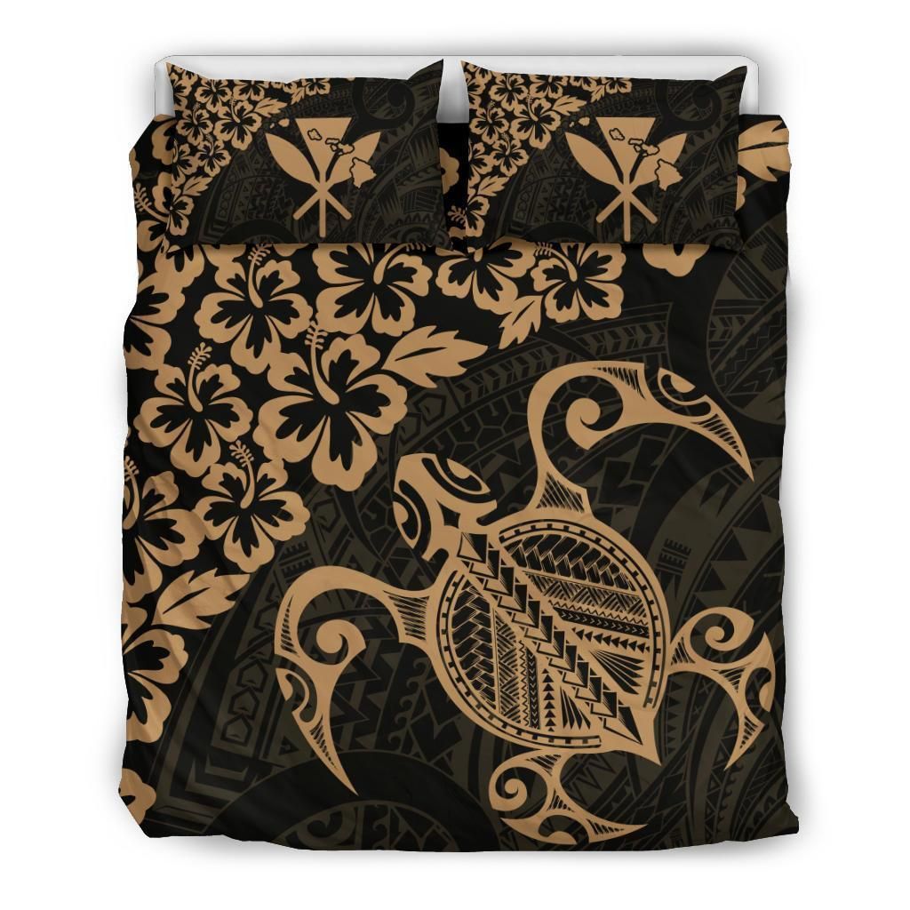 Hawaiian Map Turtle Hibiscus Kanaka Polynesian Gold Bedding Set