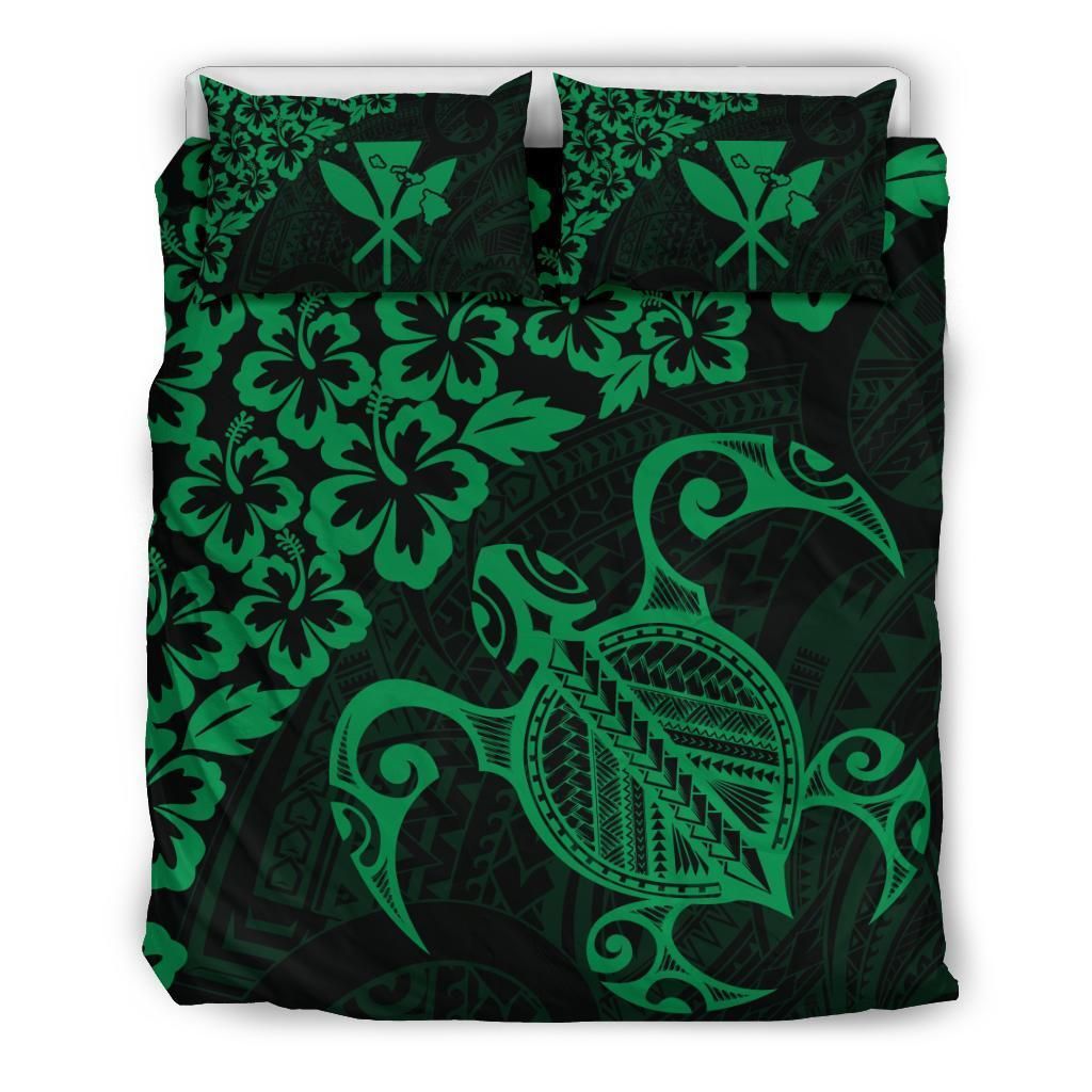 Hawaiian Map Turtle Hibiscus Kanaka Polynesian Green Bedding Set
