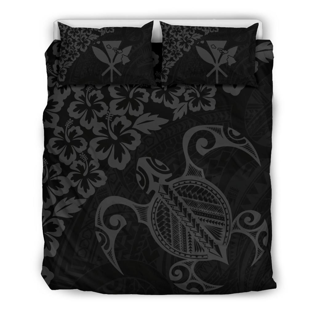 Hawaiian Map Turtle Hibiscus Kanaka Polynesian Grey Bedding Set