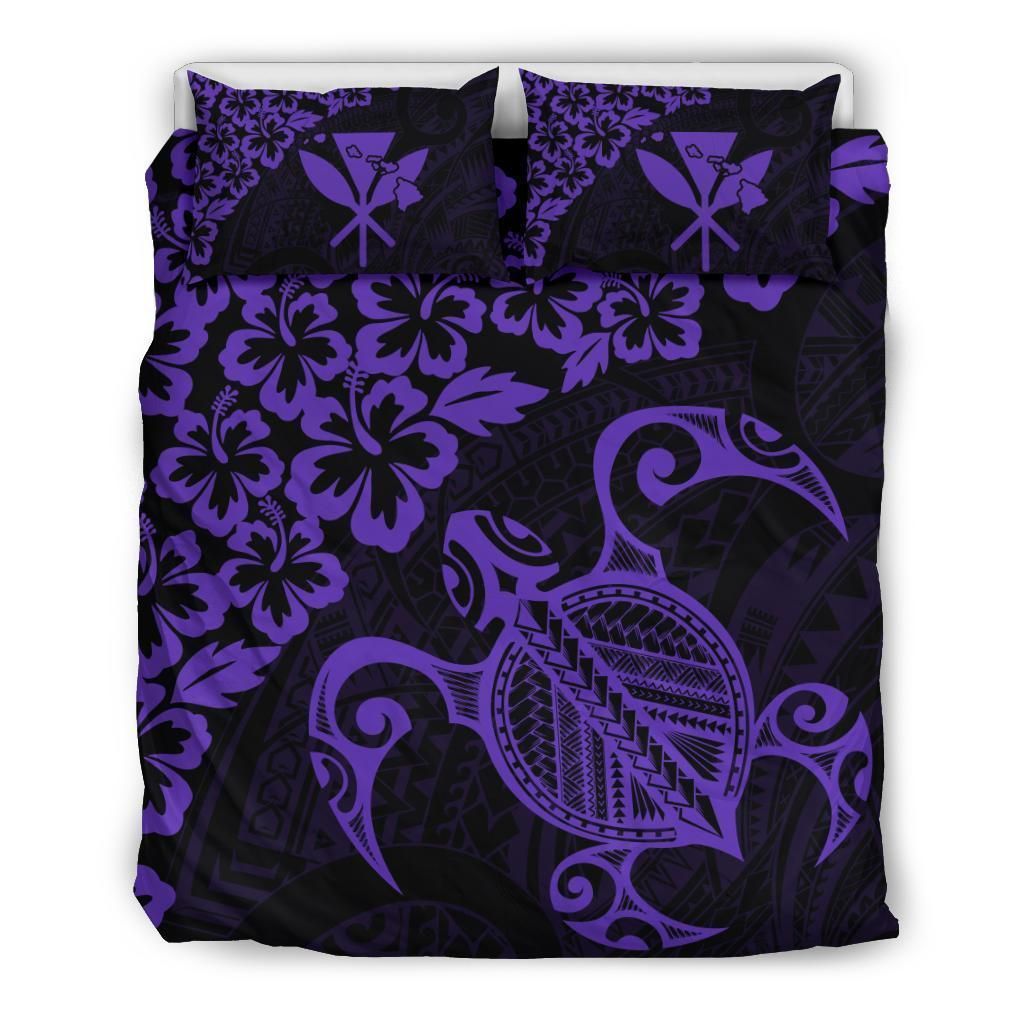 Hawaiian Map Turtle Hibiscus Kanaka Polynesian Purple Bedding Set