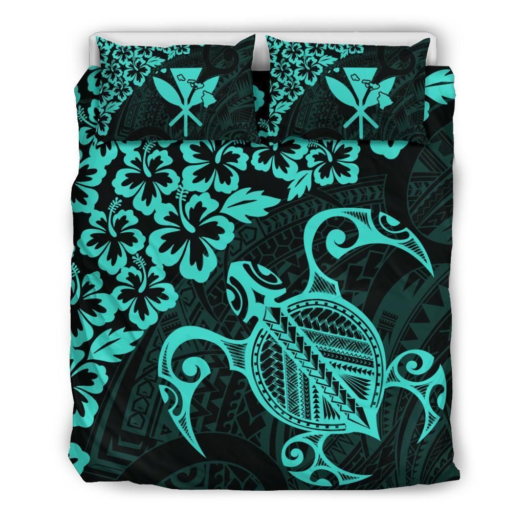 Hawaiian Map Turtle Hibiscus Kanaka Polynesian Turquoise Bedding Set