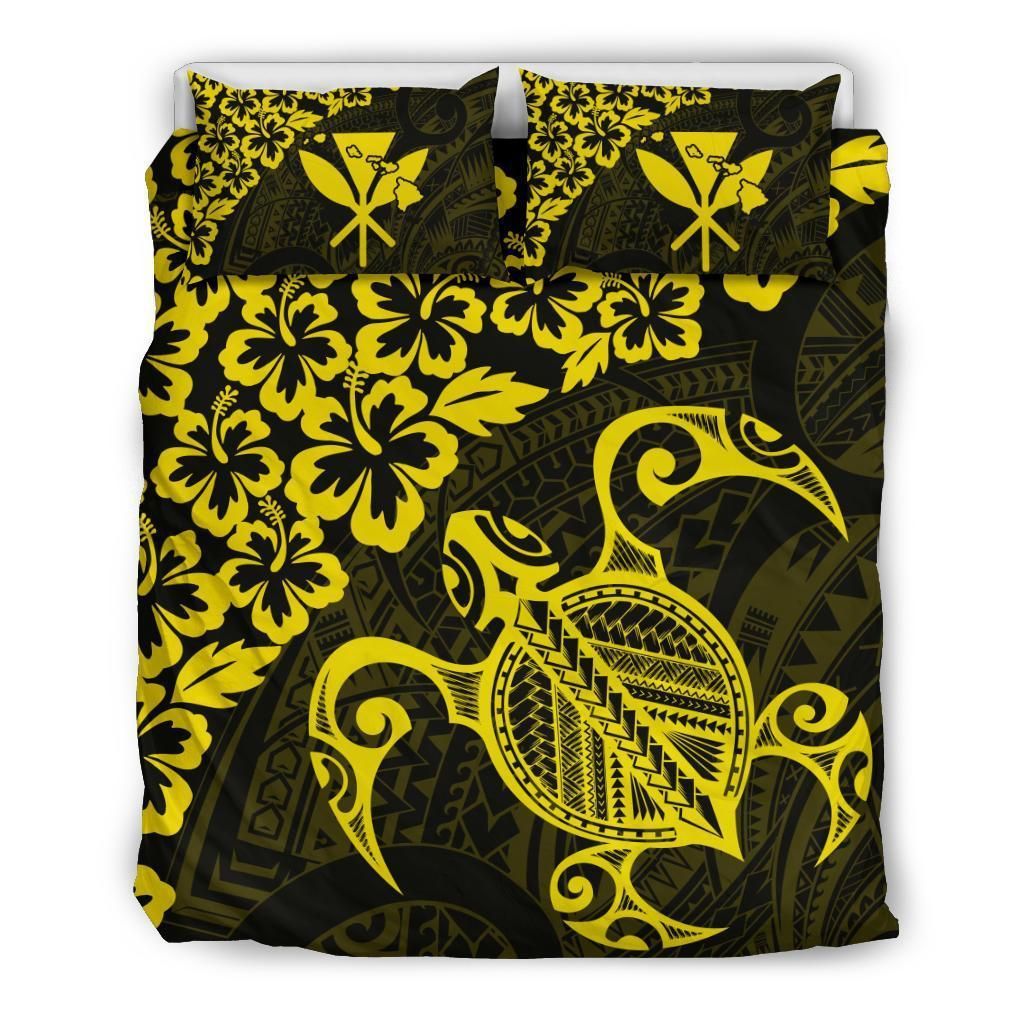 Hawaiian Map Turtle Hibiscus Kanaka Polynesian Yellow Bedding Set