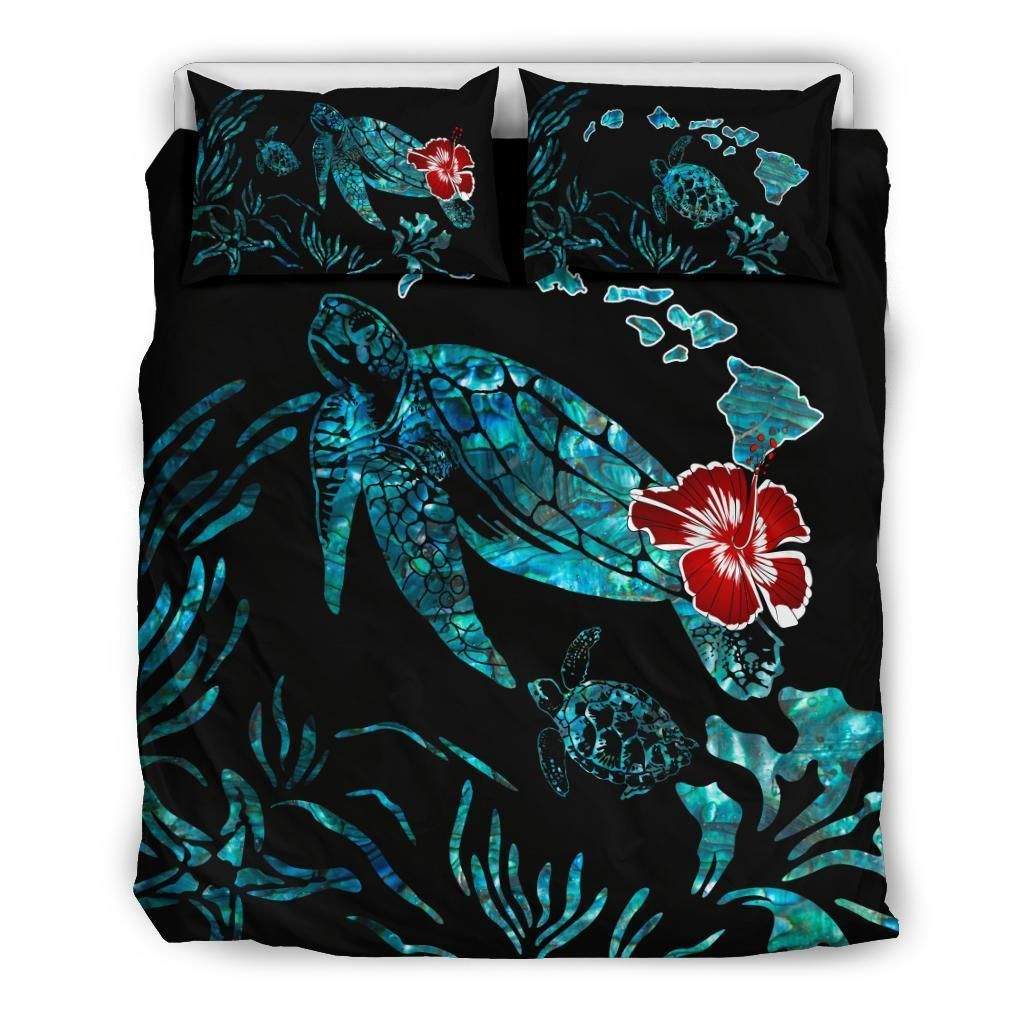 Hawaiian Map Turtle Hibiscus Ohana Honu Paua Shell Bedding Set