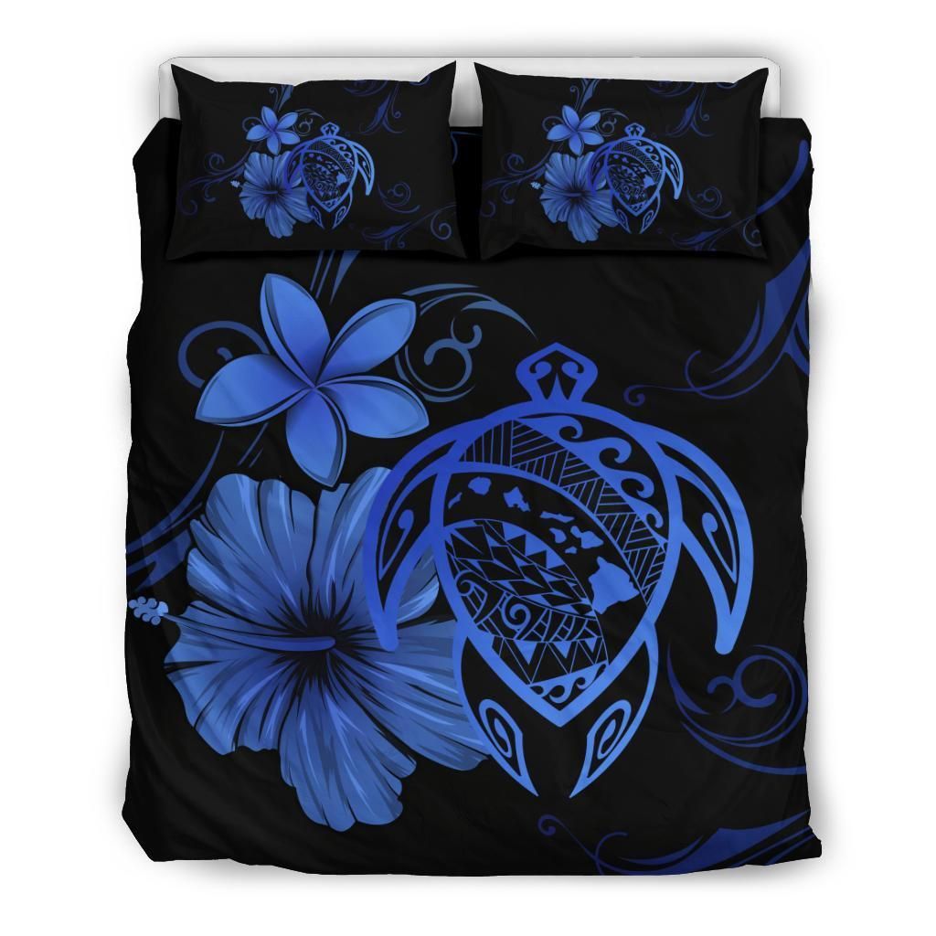 Hawaiian Map Turtle Hibiscus Plumeria Blue Bedding Set