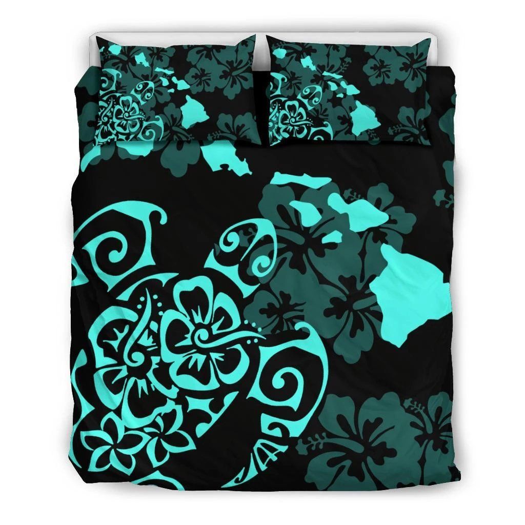 Hawaiian Map Turtle Hibiscus Plumeria Polynesian Blue Bedding Set