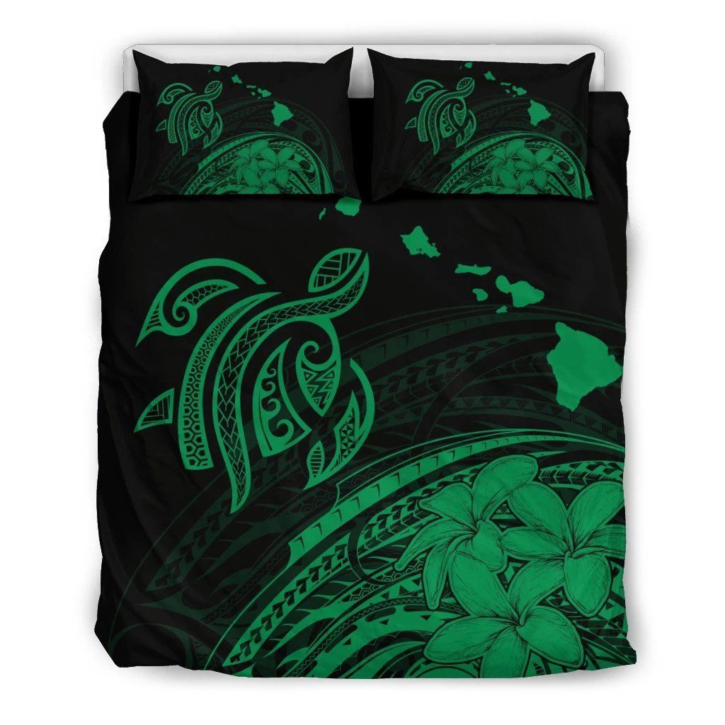 Hawaiian Map Turtle Hibiscus Plumeria Polynesian Green Bedding Set