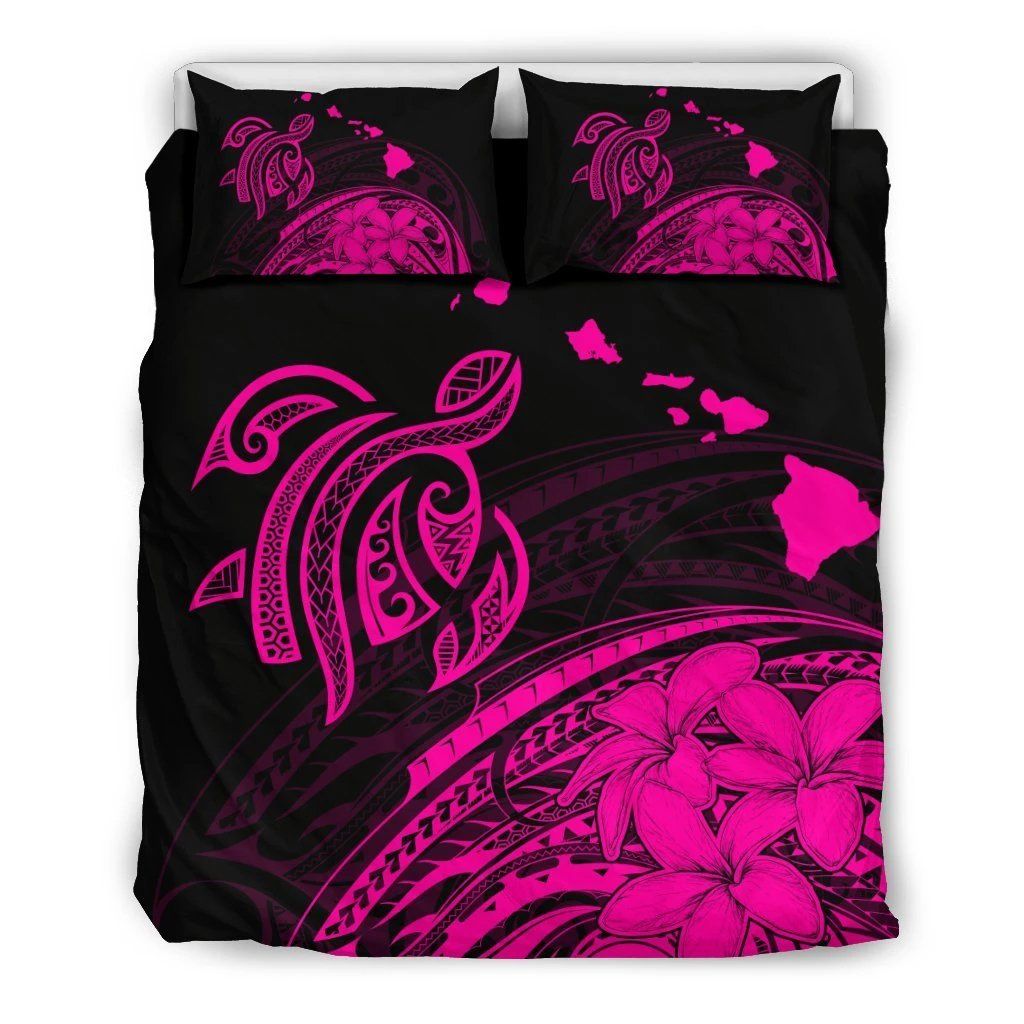 Hawaiian Map Turtle Hibiscus Plumeria Polynesian Pink Bedding Set