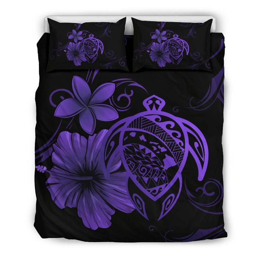 Hawaiian Map Turtle Hibiscus Plumeria Polynesian Purple Bedding Set