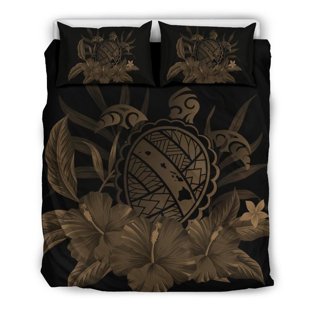 Hawaiian Map Turtle Hibiscus Polynesian Brown Bedding Set