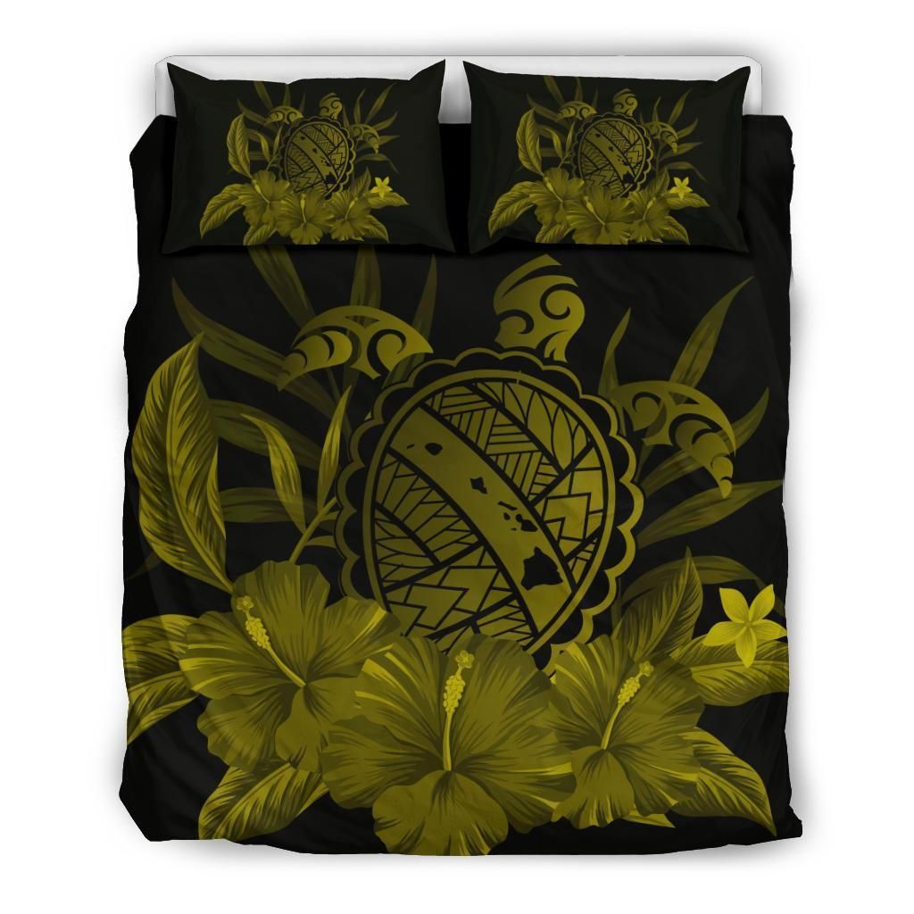 Hawaiian Map Turtle Hibiscus Polynesian Dark Yellow Bedding Set