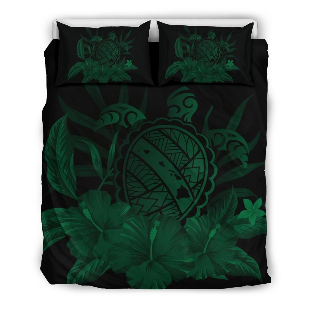 Hawaiian Map Turtle Hibiscus Polynesian Green Bedding Set