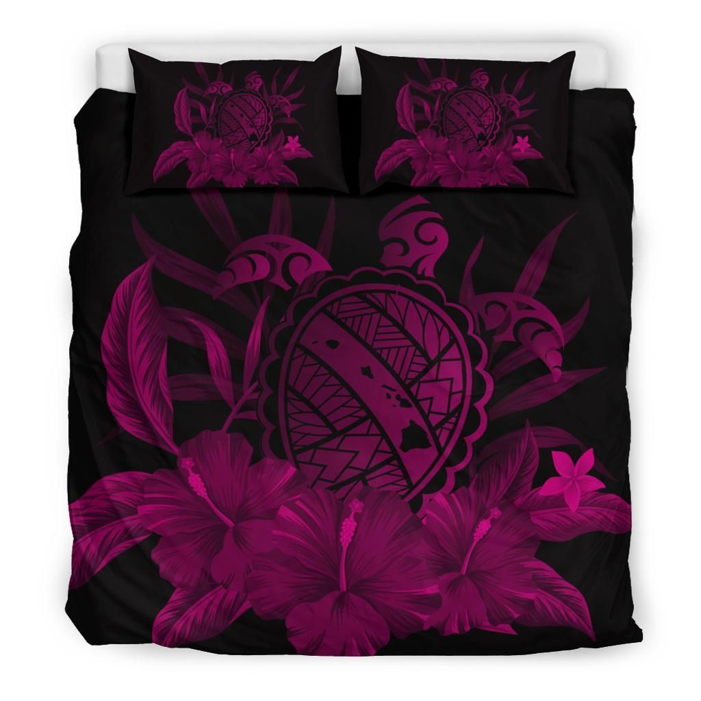 Hawaiian Map Turtle Hibiscus Polynesian Pink Bedding Set