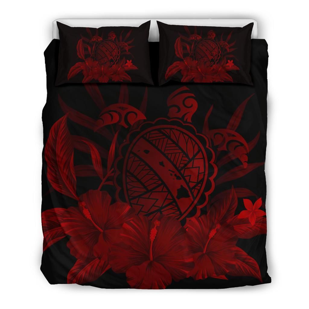 Hawaiian Map Turtle Hibiscus Polynesian Red Bedding Set