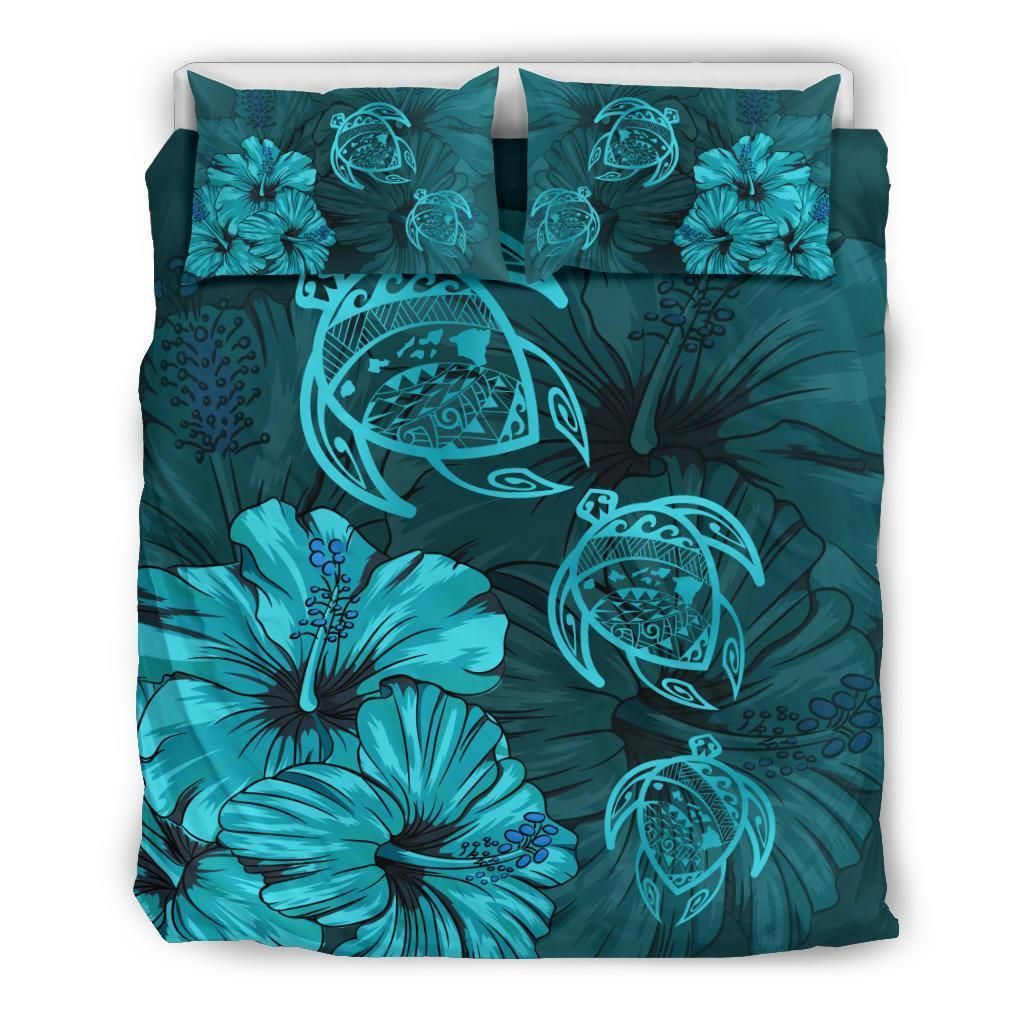Hawaiian Map Turtle Hibiscus Polynesian Vintage Turquoise Bedding Set
