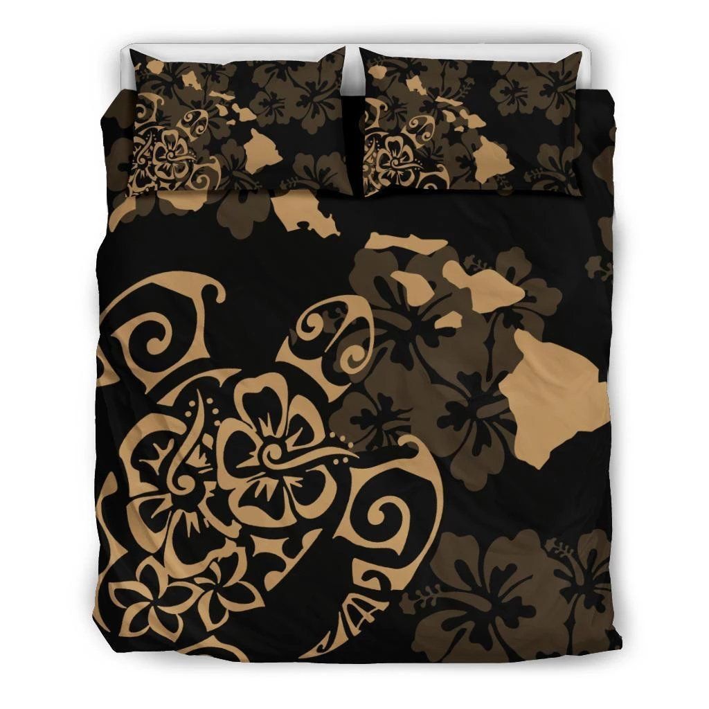 Hawaiian Map Turtle Hibiscus Polynesian Yellow Bedding Set
