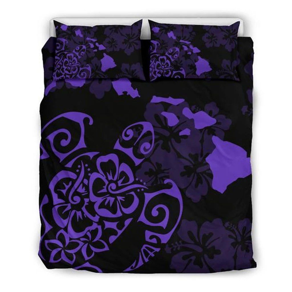 Hawaiian Map Turtle Hibiscus Purple Pattern Bedding Set