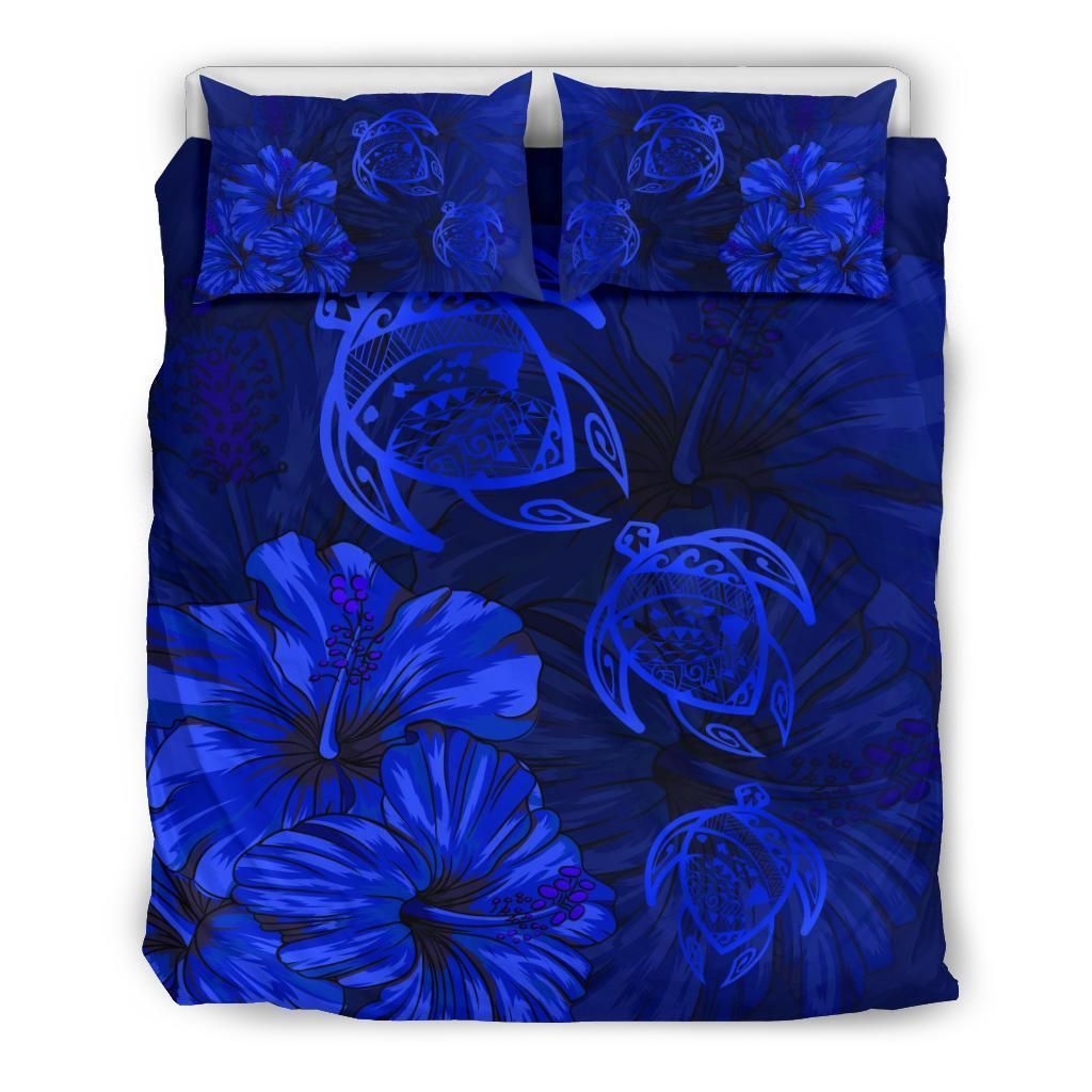 Hawaiian Map Turtle Hibiscus Vintage Polynesian Blue Bedding Set