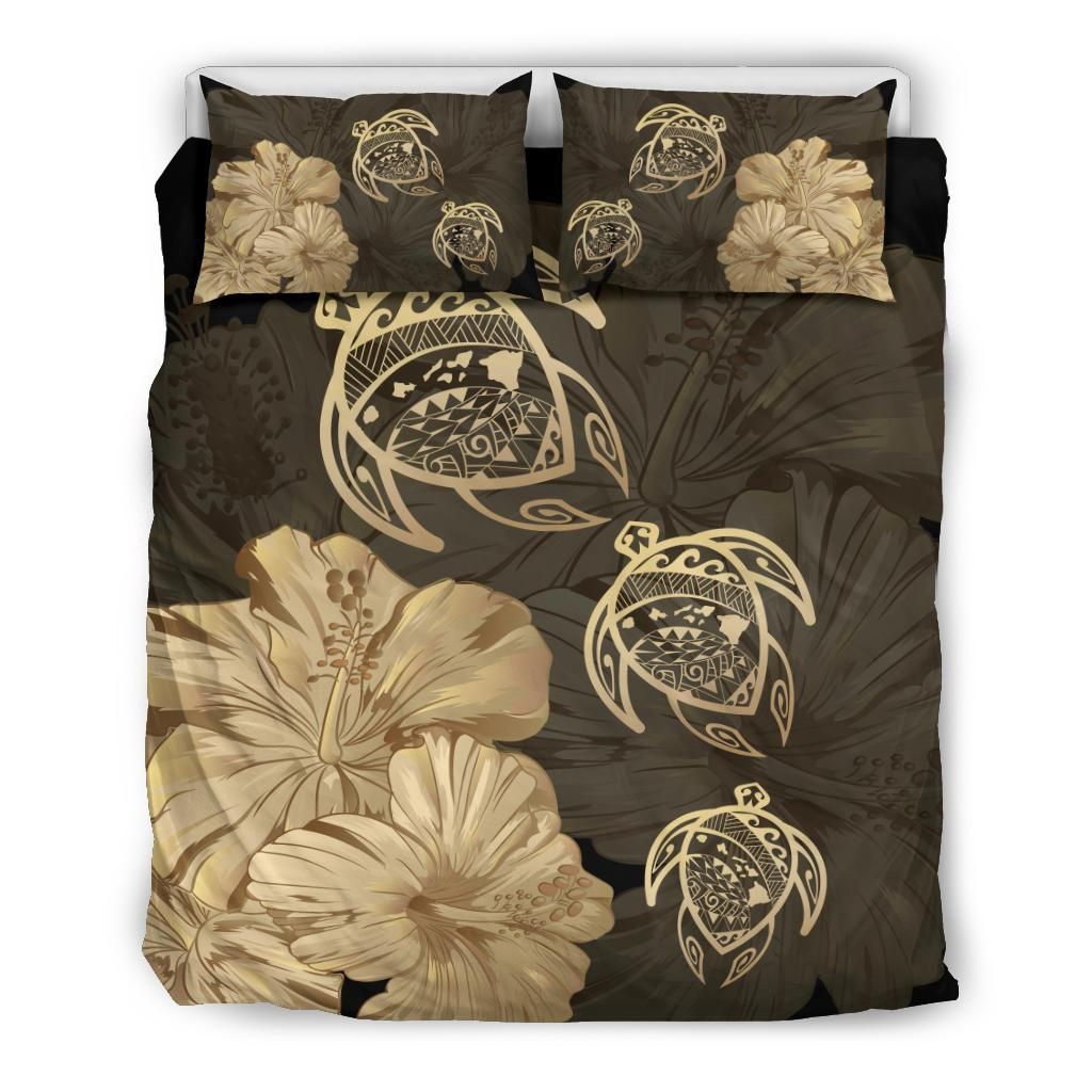 Hawaiian Map Turtle Hibiscus Vintage Polynesian Gold Bedding Set