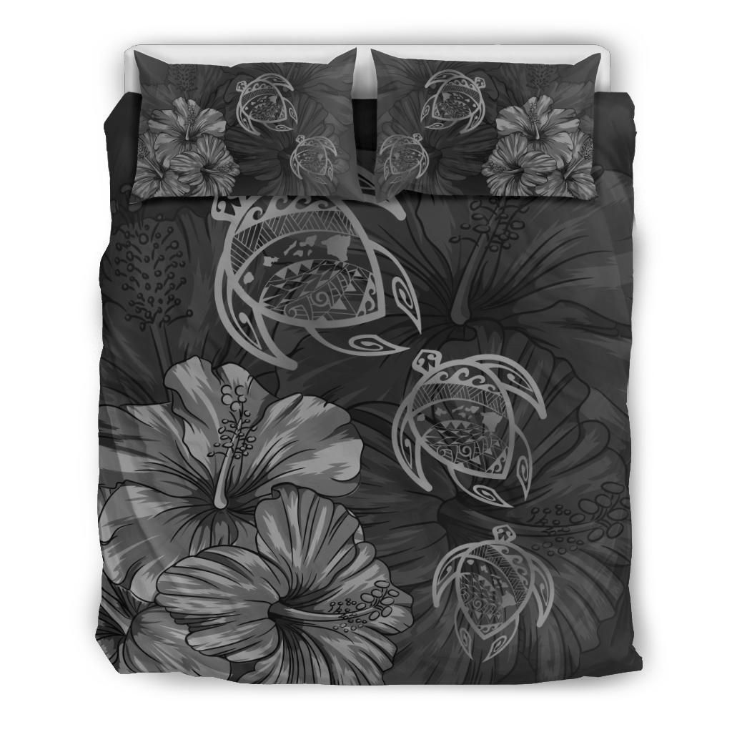 Hawaiian Map Turtle Hibiscus Vintage Polynesian Gray Bedding Set