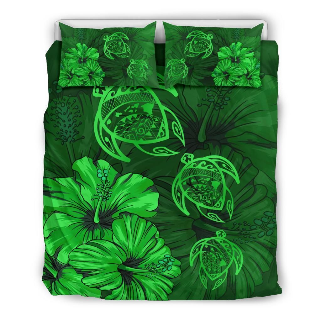 Hawaiian Map Turtle Hibiscus Vintage Polynesian Green Bedding Set